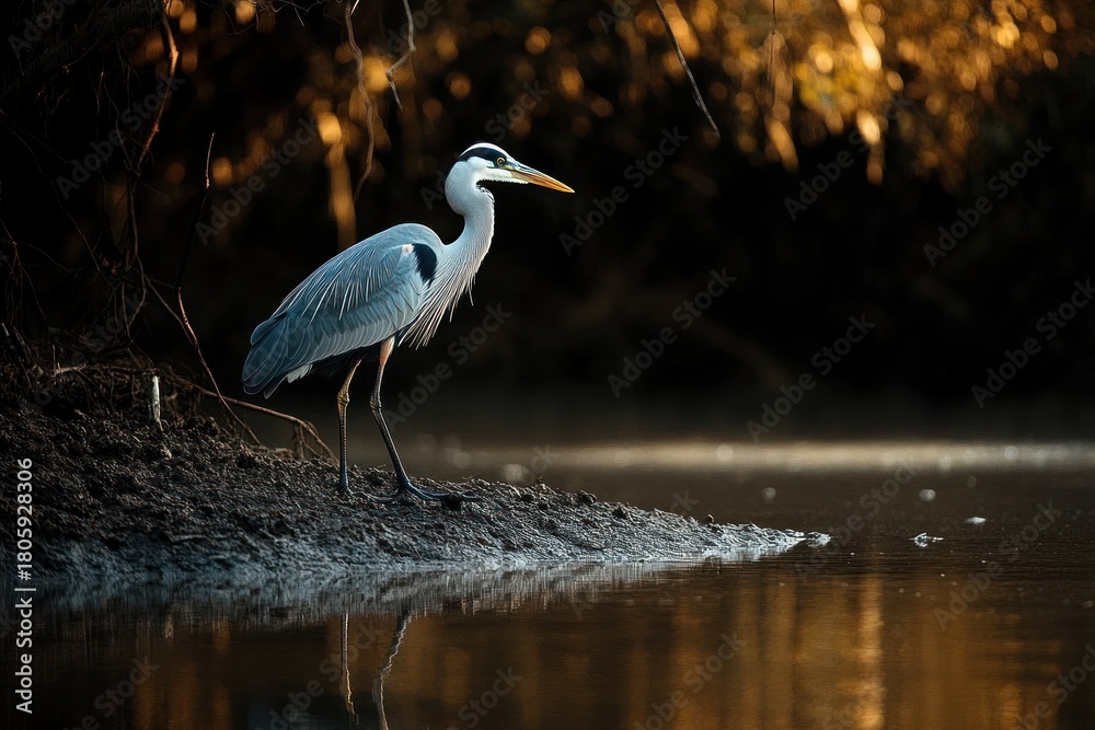 Fototapeta premium Solitary heron standing on a muddy riverbank at dusk with golden light, calm water reflection and quiet contemplative mood