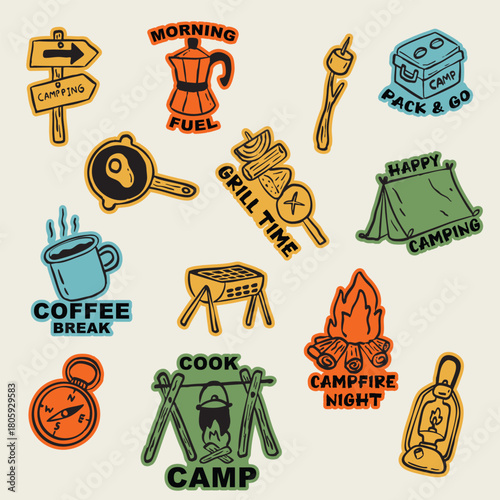 colorful camping stickers set with text and hand drawn icons of fire, food, coffee, grill, tent, lantern, and travel gear in cartoon style, perfect for adventure design and outdoor branding
