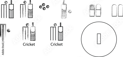 Detailed Monochrome Icon Set Illustrating Core Equipment and Symbols of the Sport of Cricket