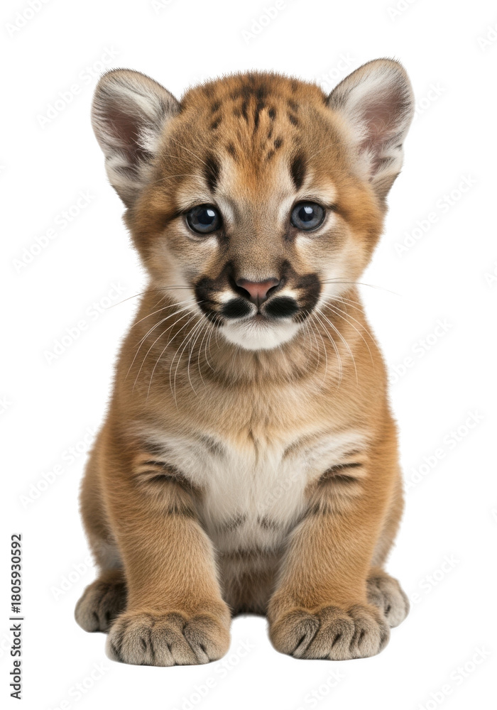 Obraz premium Adorable baby cougar cub portrait, cute feline kitten animal, wildlife photography, isolated on transparent background