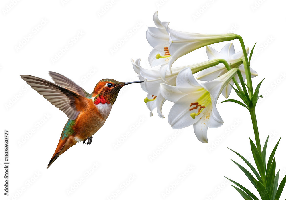Obraz premium Rufous hummingbird flying near white lily flowers pollination nectar nature wildlife photography birding isolated on transparent background