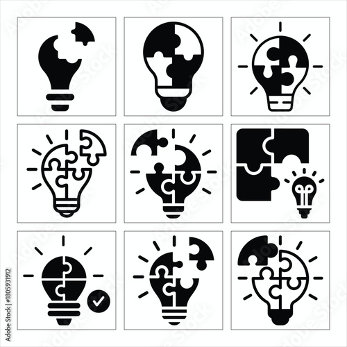 Lightbulb puzzle pieces forming solution concept and innovative idea vector illustrations