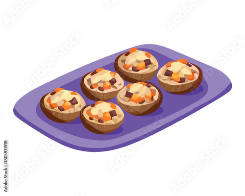 Stuffed mushroom Appetizer: A beautifully composed illustration of delectable stuffed mushrooms, artfully arranged on a purple tray, showcasing a culinary delight.