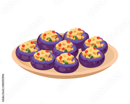 Delicious Food Delights: An enticing array of vibrant purple taro cups brimming with a flavorful, colorful filling. A culinary masterpiece of textures and tastes, artfully presented on a simple plate.