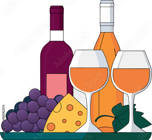 Wine and Cheese Still Life: A delightful still life composition, featuring glasses of exquisite wine, bottles, a cluster of fresh grapes, and a wedge of cheese.