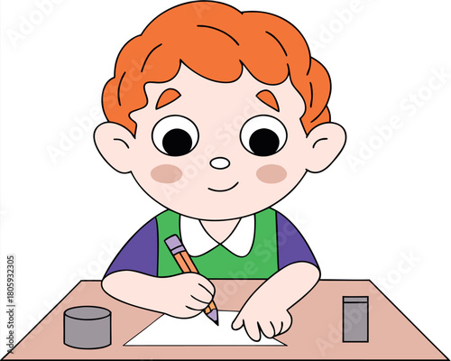 Cartoon vector illustration of a smiling schoolboy character writing homework in a notebook using a pen and pencil, depicting a student studying education
