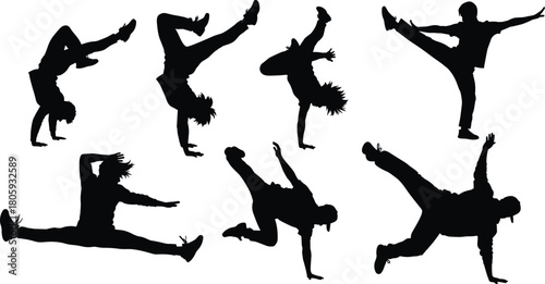 Breakdance silhouette collection, vector illustration set of b-boy figures, hip hop dancers in dynamic poses, street dance elements for graphic design, isolated.