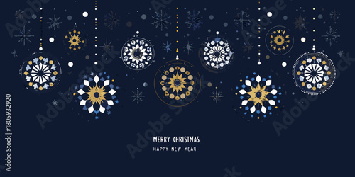 Festive snowflake ornaments and falling snowflakes on a dark blue background with merry christmas and happy new year text