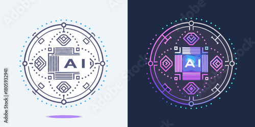 Abstract circular ai logo design with geometric patterns and glowing futuristic digital elements