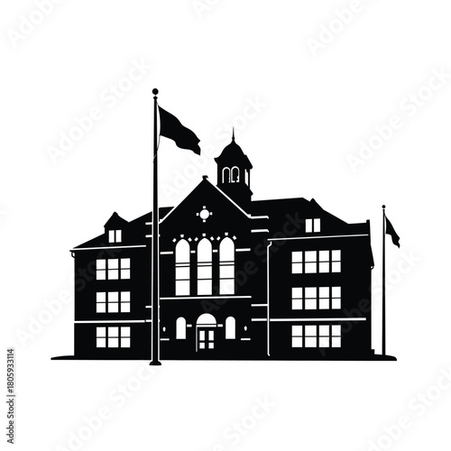 Historic school building with flags silhouette
