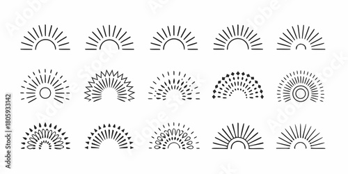 Collection of hand drawn sunburst and sunrise icons in a minimalist linear style