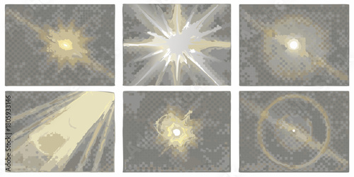 Collection of abstract light effects and energy bursts on a transparent checkered background