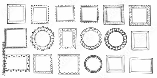 Collection of hand drawn sketchy picture frames and borders in various shapes and styles