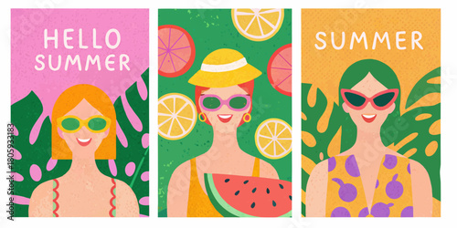Three stylish women enjoying summer with fruits and tropical leaves in bright colors
