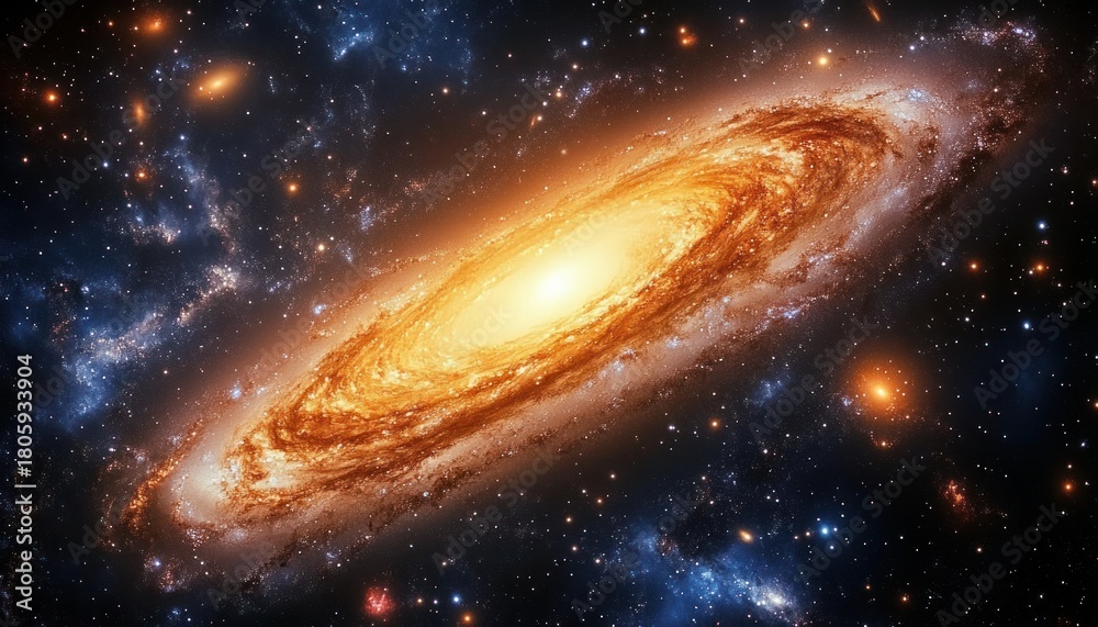 Naklejka premium Golden spiral galaxy with glowing central core and sweeping star-filled arms, surrounded by blue nebulae and distant stars, evoking awe and wonder