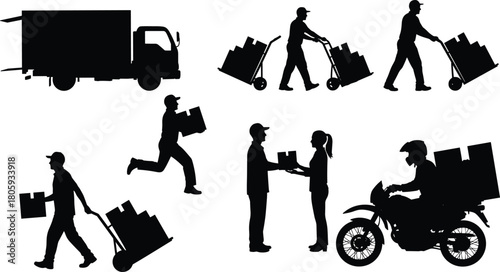 Delivery service silhouette vector set, courier man with truck and motorcycle, shipping boxes, logistics transport, postman holding package, fast cargo illustration collection