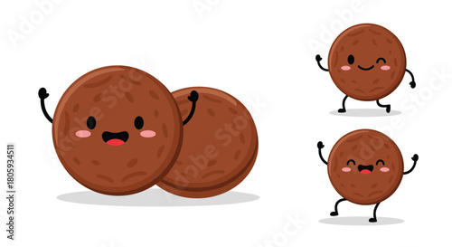 Adorable brown cartoon cookies with cute faces and limbs are happily smiling, winking, and dancing, isolated on a white background.