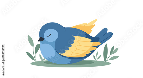 A cute cartoon blue bird with yellow wings is peacefully sleeping on a small patch of grass, surrounded by green leaves, against a white background.