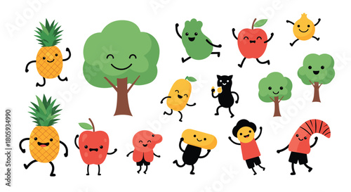 A cheerful and diverse collection of cute cartoon fruits, vegetables, and trees dancing happily, representing health and fun.