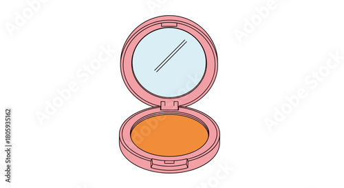 An open pink makeup compact with an orange powder and a mirror, isolated on a white background.