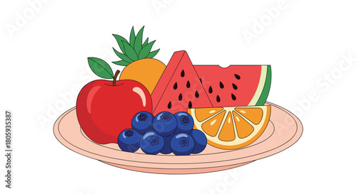 A colorful assortment of fresh, healthy fruits including an apple, orange, watermelon, blueberries, and pineapple on a plate.