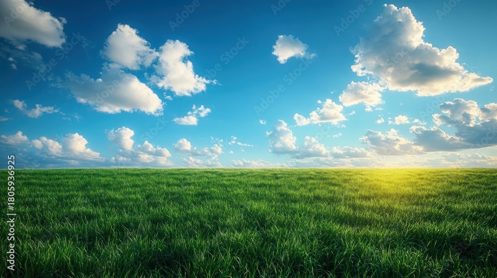 Obraz premium sunlit green meadow under a wide blue sky with fluffy clouds, peaceful horizon evoking calm and hopeful serenity