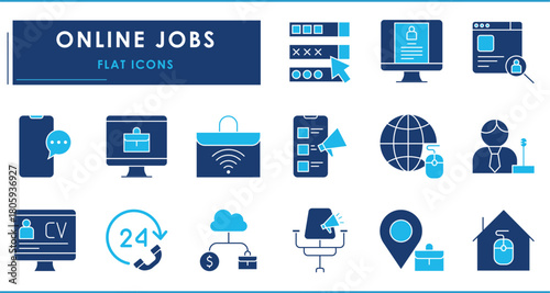 A set of flat icons related to Online jobs. Freelancer, options, CV, hire, home, network, worldwide, earning, passive income, vacancy, call center, and so on.