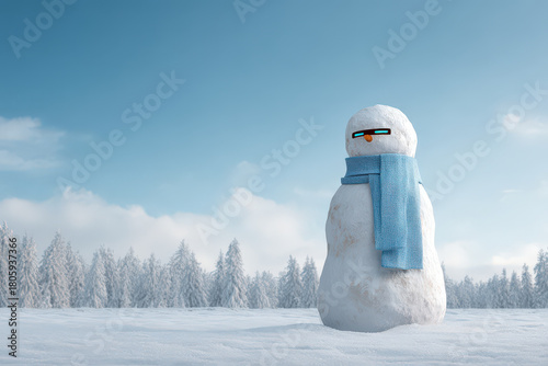 cheerful snowman adorned with ar scarf and digital eyes set against serene winter landscape