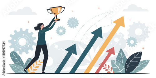 Triumphant businesswoman holding gold trophy celebrates corporate success, with rising arrows symbolizing growth and achievement, conveying a winning strategy