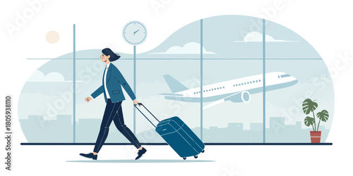 Businesswoman travels with luggage at airport, ready for new adventures and opportunities, embodying success and global reach, originally a scalable vector graphic