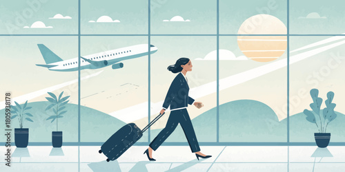 Confident businesswoman traveling with luggage in modern airport, ready for global business opportunities, connecting with colleagues and exploring new markets