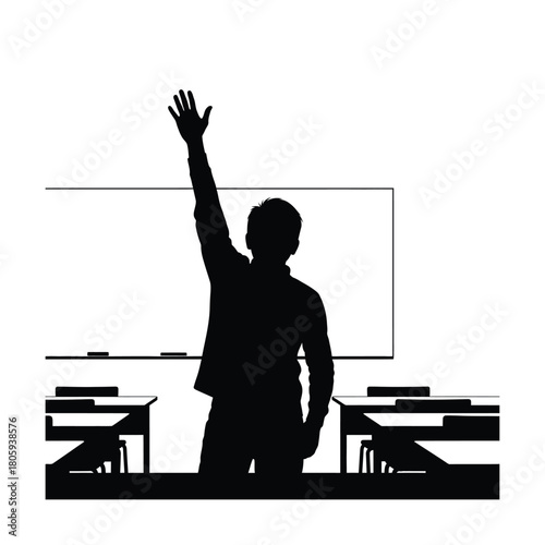 Student raising hand in classroom silhouette with whiteboard and desks