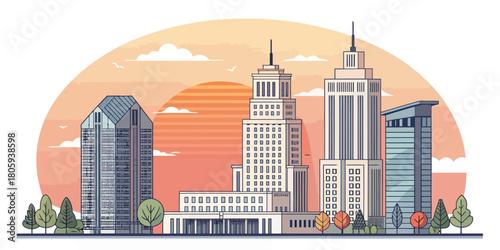 Stunning city skyline illustration with modern architecture, perfect for travel blogs, urban design presentations, and promotional cityscapes, originally vector art
