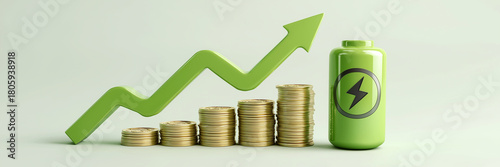 Banner stack gold coin battery ascend height stand upward arrow money growth rise investment return increase profit.