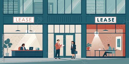 Lease a prime office space in a modern urban building for your business or startup, featuring diverse professionals at work, creating a vibrant and dynamic workspace