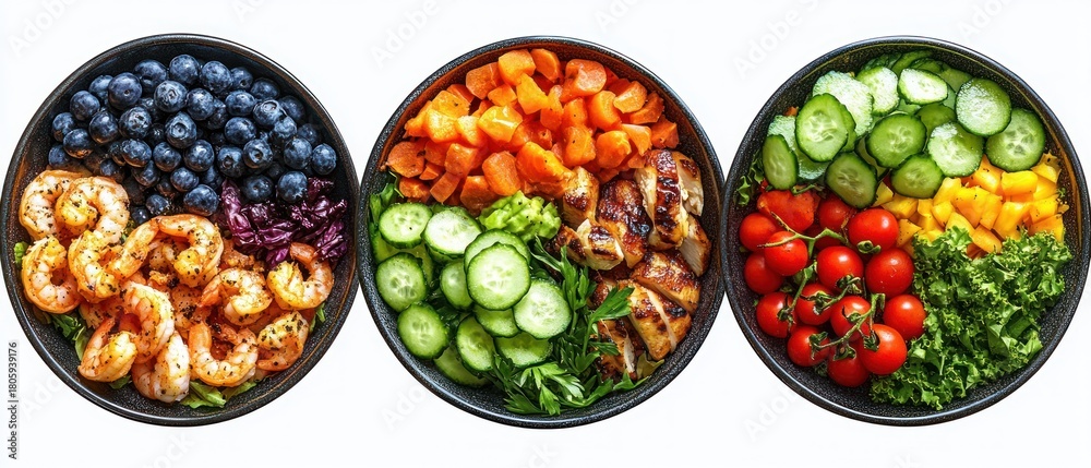 Naklejka premium Three vibrant healthy bowls: shrimp with blueberries and purple cabbage; grilled chicken with cucumber, avocado and carrots; cherry tomatoes, cucumber, mango and kale, fresh and appetizing