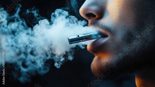 moody plume of blue-tinged vapor billowing from a metal vaporizer mouthpiece against a dark background
