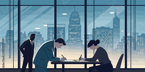 Modern business team collaborating on documents in office overlooking city skyline at dusk, teamwork and partnership concept ideal for corporate communications