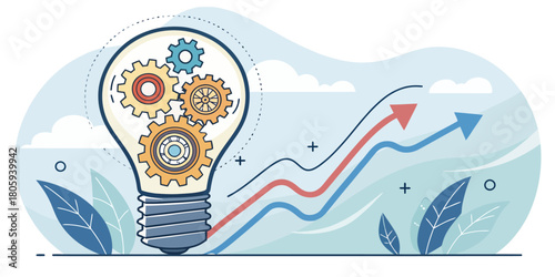 Creative innovation driving business growth with bright idea gears inside lightbulb, visualized on upward trending charts, perfect for marketing concepts