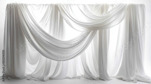 layered white sheer curtains and draped flowing fabric panels with soft folds creating an airy, serene, ethereal minimalist backdrop
