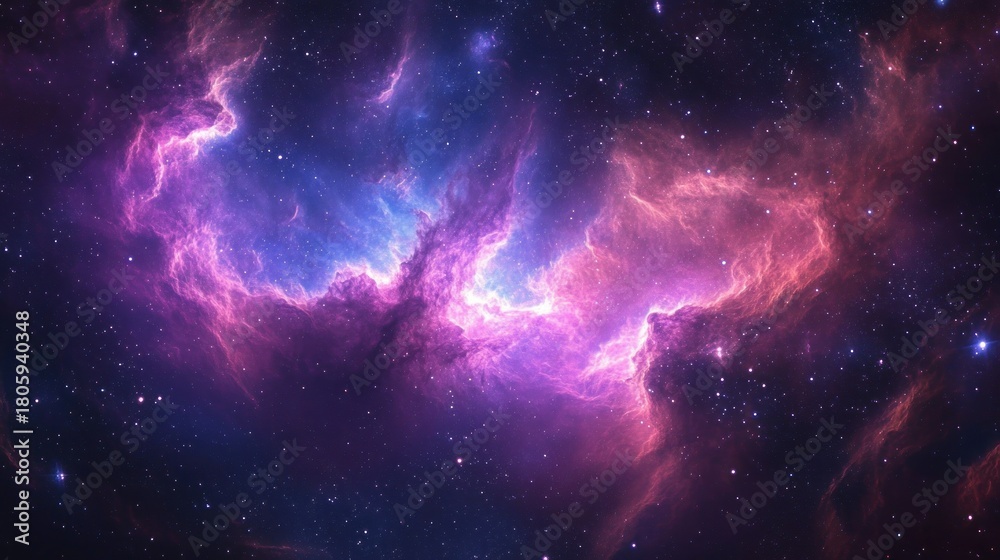 Obraz premium Glowing purple and pink cosmic nebula with billowing luminous gas clouds and scattered stars, evoking awe and serene cosmic wonder