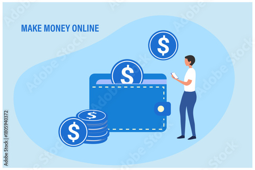 Make money online concept, Big wallet and stack of coin, online payment, e transfer digital wallet vector illustration