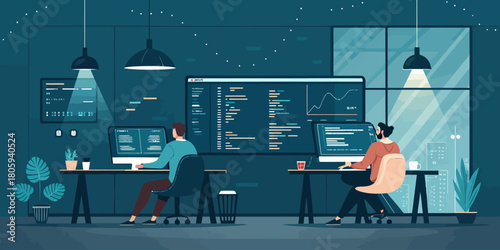 Modern workspace showcasing two developers coding and analyzing data, perfect for illustrating tech startups, software development, and remote work culture