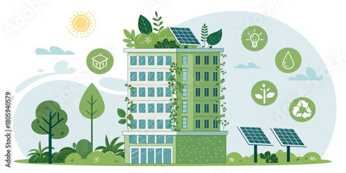 Modern green building embraces sustainable design with solar panels and rooftop garden, promoting eco-friendly living and renewable energy solutions for a better future