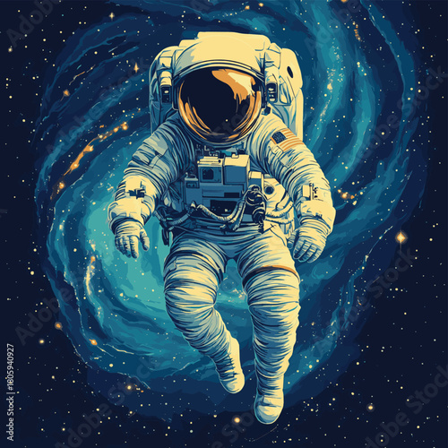 Captivating Moment of an Astronaut Pausing in Spacewalk Amidst Cosmic Infinity , vector style simple color