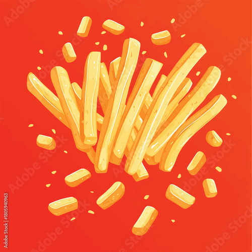 Enjoy the playful and exciting images of delicious potato fries flying through the air, each fry perfectly golden and crispy, pausing in a moment that highlights their irresistible