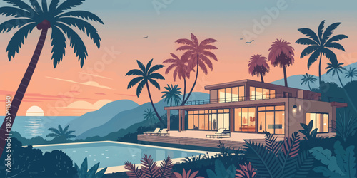 Stunning tropical villa escape with ocean view and palm trees, perfect for luxury travel ads or real estate promotions, exuding relaxation and vacation vibes