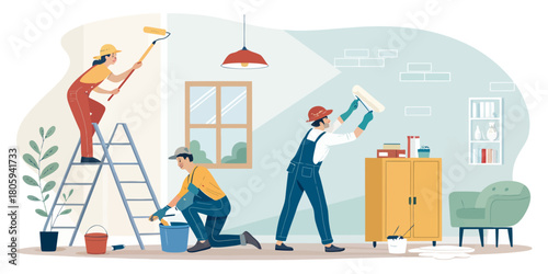 Team of professional painters renovating a stylish home interior, enhancing property value with a fresh, modern look, perfect for real estate marketing