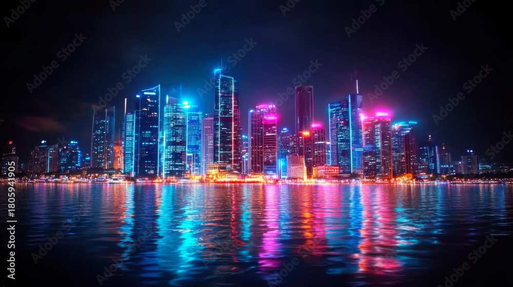 Fototapeta premium vibrant city skyline illuminated with colorful lights reflecting on water