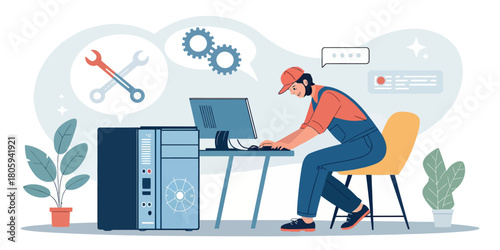 Expert technician repairs computer, solving tech issues and ensuring seamless operation for optimal performance in modern digital workspace environment